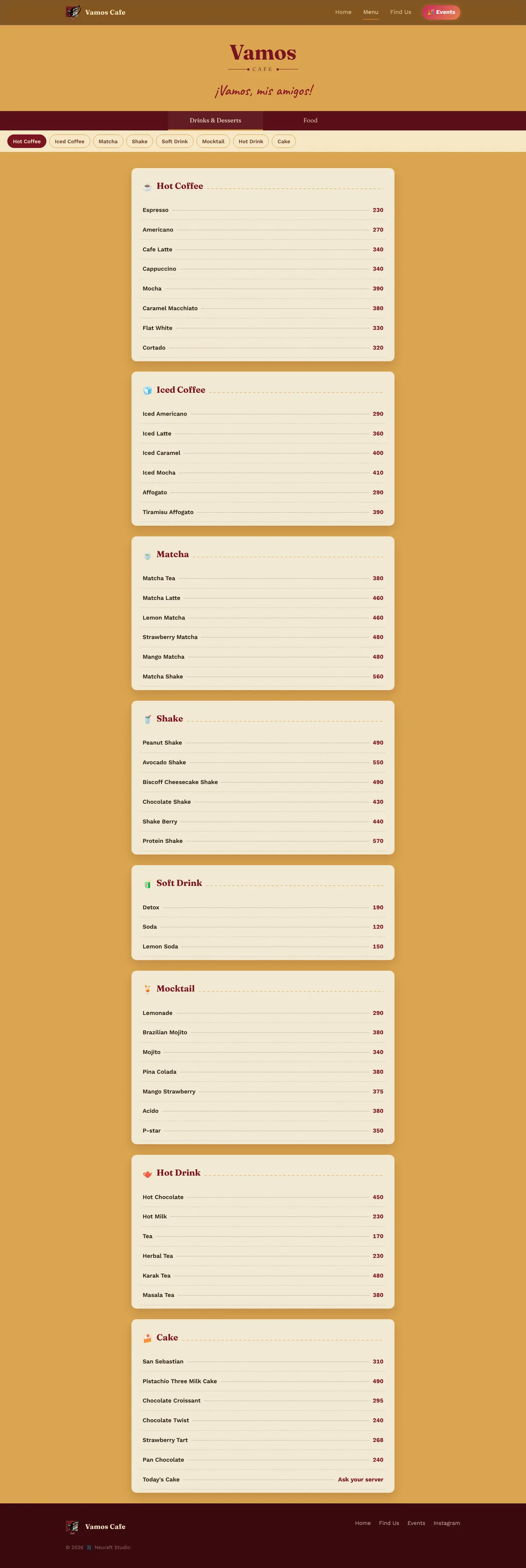 Vamos Cafe menu with Drinks & Desserts and Food tabs