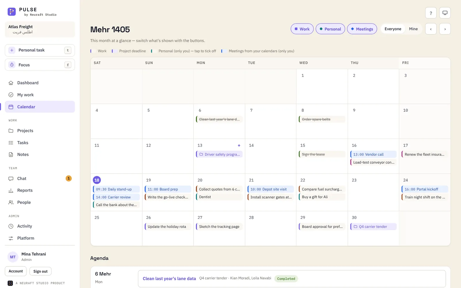 A Jalali month calendar mixing work tasks, personal tasks and Outlook meetings