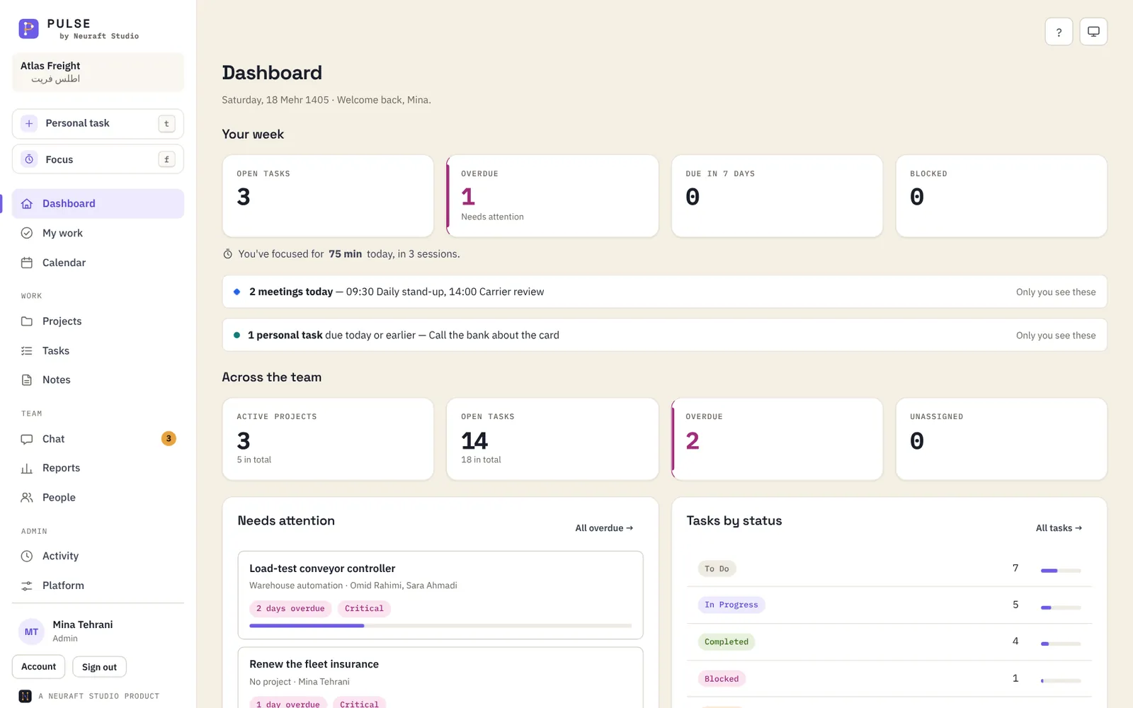Pulse dashboard: your week and the team's, every card links to the list behind it